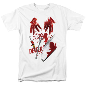 AN OFFCIALLY LICENSED DEXTER TOOLS OF THE TRADE MEN'S REGULAR FIT T-SHIRT WHITE