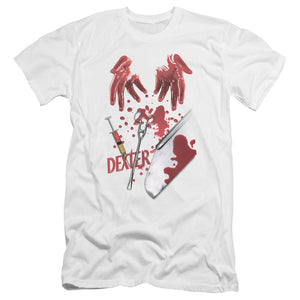 AN OFFCIALLY LICENSED DEXTER TOOLS OF THE TRADE MEN'S PREMIUM SLIM FIT T-SHIRT WHITE