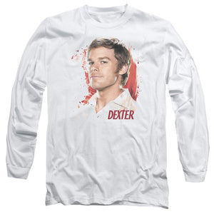 AN OFFCIALLY LICENSED DEXTER BLOOD SPLATTER MEN'S LONG SLEEVE T-SHIRT WHITE
