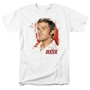 AN OFFCIALLY LICENSED DEXTER BLOOD SPLATTER MEN'S REGULAR FIT T-SHIRT WHITE