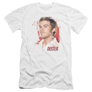 AN OFFCIALLY LICENSED DEXTER BLOOD SPLATTER MEN'S PREMIUM SLIM FIT T-SHIRT WHITE