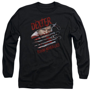 AN OFFCIALLY LICENSED DEXTER BLOOD NEVER LIES MEN'S LONG SLEEVE T-SHIRT BLACK