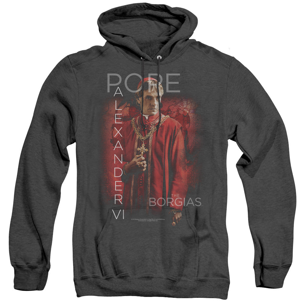 AN OFFCIALLY LICENSED BORGIAS POPE ALEXANDER VI ADULT UNISEX HEATHER PULLOVER HOODIE BLACK