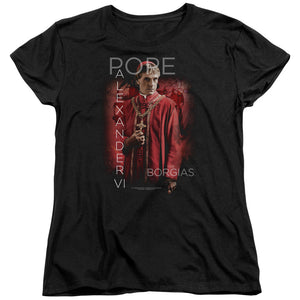 AN OFFCIALLY LICENSED BORGIAS POPE ALEXANDER VI WOMEN'S REGULAR FIT T-SHIRT BLACK