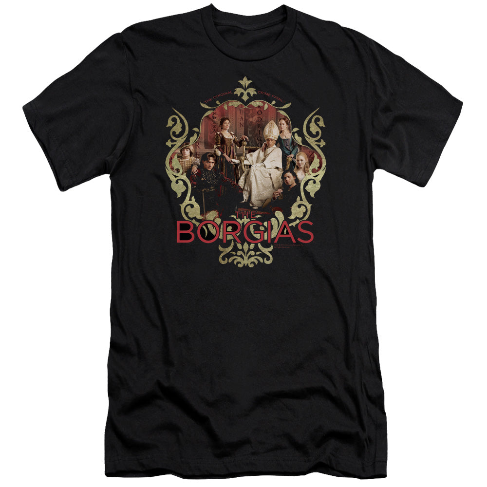 AN OFFCIALLY LICENSED BORGIAS FAMILY PORTRAIT MEN'S PREMIUM SLIM FIT T-SHIRT BLACK