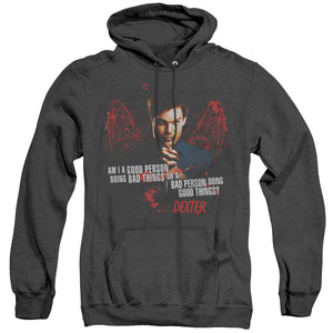 AN OFFCIALLY LICENSED DEXTER GOOD BAD ADULT UNISEX HEATHER PULLOVER HOODIE BLACK
