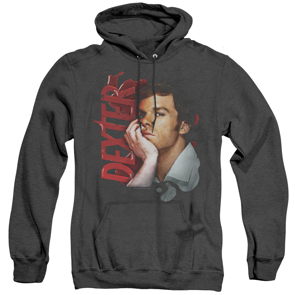AN OFFCIALLY LICENSED DEXTER LAYERED ADULT UNISEX HEATHER PULLOVER HOODIE BLACK