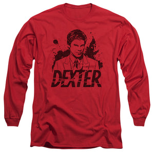 AN OFFCIALLY LICENSED DEXTER SPLATTER DEX MEN'S LONG SLEEVE T-SHIRT RED
