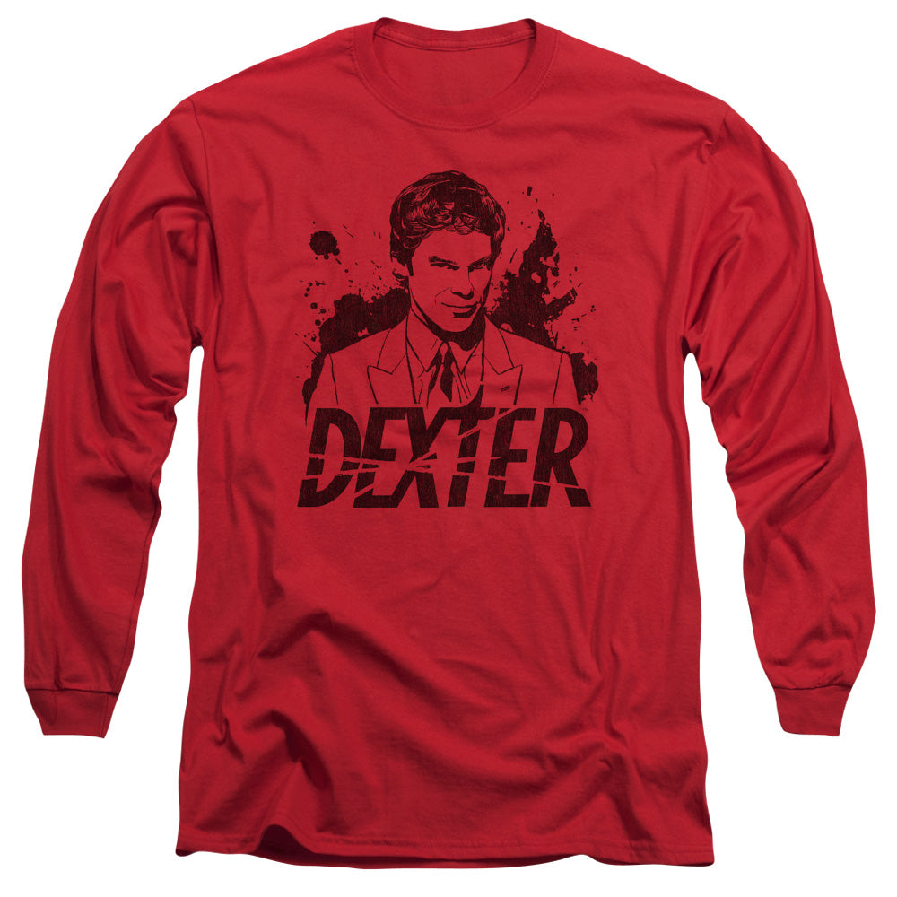 AN OFFCIALLY LICENSED DEXTER SPLATTER DEX MEN'S LONG SLEEVE T-SHIRT RED
