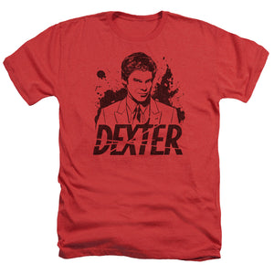 AN OFFCIALLY LICENSED DEXTER SPLATTER DEX MEN'S HEATHER T-SHIRT RED