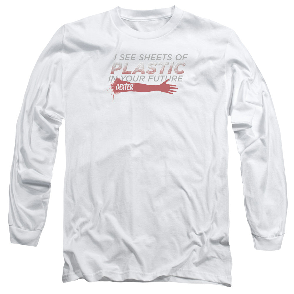 AN OFFCIALLY LICENSED DEXTER PLASTIC PREDICTION MEN'S LONG SLEEVE T-SHIRT WHITE