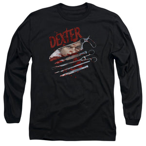 AN OFFCIALLY LICENSED DEXTER BLOOD NEVER LIES 2 MEN'S LONG SLEEVE T-SHIRT BLACK