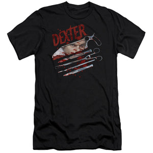 AN OFFCIALLY LICENSED DEXTER BLOOD NEVER LIES 2 MEN'S PREMIUM SLIM FIT T-SHIRT BLACK