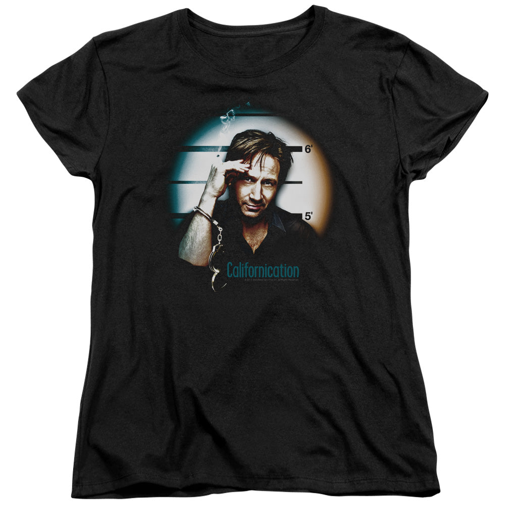 AN OFFCIALLY LICENSED CALIFORNICATION IN HANDCUFFS WOMEN'S REGULAR FIT T-SHIRT BLACK