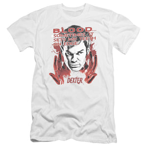 AN OFFCIALLY LICENSED DEXTER BLOOD MEN'S PREMIUM SLIM FIT T-SHIRT WHITE