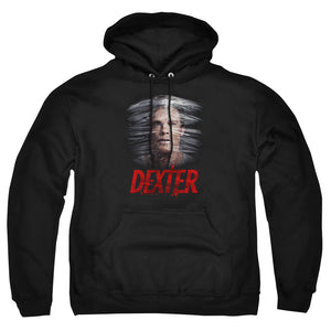 AN OFFCIALLY LICENSED DEXTER PLASTIC WRAP ADULT UNISEX PULLOVER HOODIE BLACK