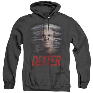 AN OFFCIALLY LICENSED DEXTER PLASTIC WRAP ADULT UNISEX HEATHER PULLOVER HOODIE BLACK