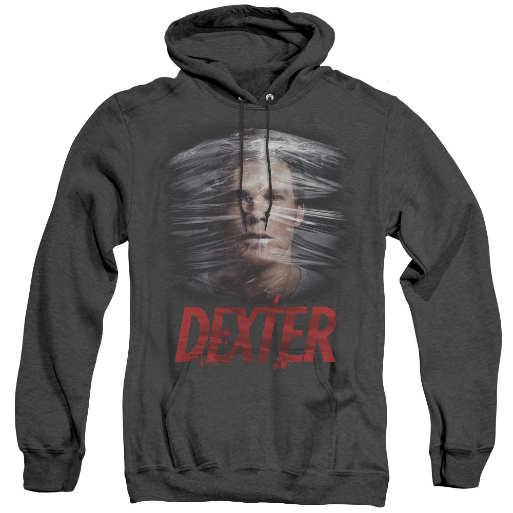 AN OFFCIALLY LICENSED DEXTER PLASTIC WRAP ADULT UNISEX HEATHER PULLOVER HOODIE BLACK
