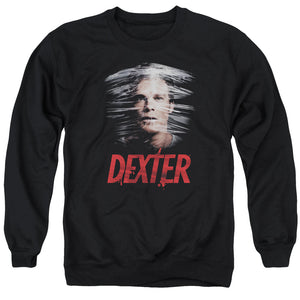 AN OFFCIALLY LICENSED DEXTER PLASTIC WRAP ADULT UNISEX CREWNECK SWEATSHIRT BLACK