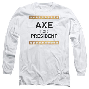 AN OFFCIALLY LICENSED BILLIONS AXE FOR PRESIDENT MEN'S LONG SLEEVE T-SHIRT WHITE