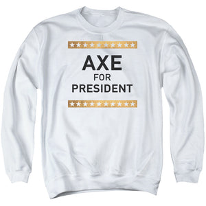 AN OFFCIALLY LICENSED BILLIONS AXE FOR PRESIDENT ADULT UNISEX CREWNECK SWEATSHIRT WHITE