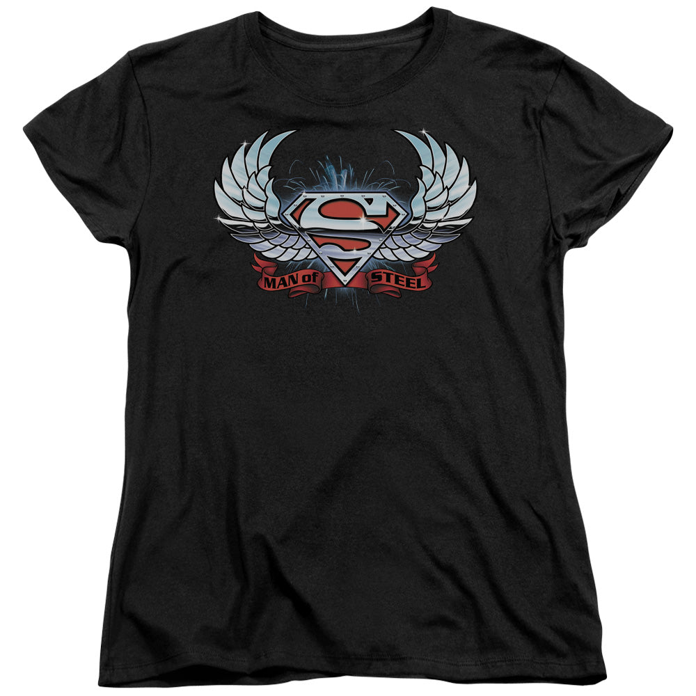 Superman Chrome Wings Shield Licensed Women's T-Shirt Regular Fit SM