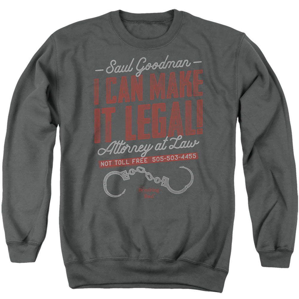 AN OFFCIALLY LICENSED BREAKING BAD MAKE IT LEGAL ADULT UNISEX CREWNECK SWEATSHIRT CHARCOAL