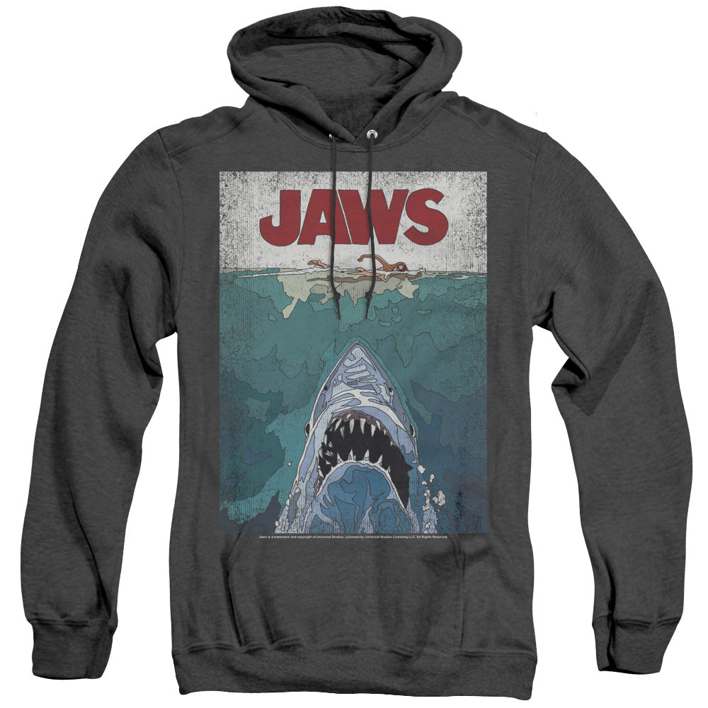 AN OFFCIALLY LICENSED JAWS LINED POSTER ADULT UNISEX HEATHER PULLOVER HOODIE BLACK