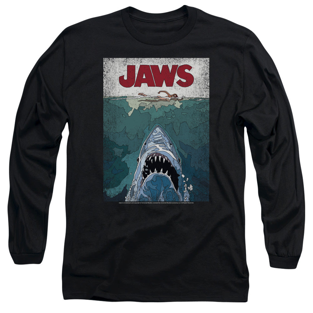 AN OFFCIALLY LICENSED JAWS LINED POSTER MEN'S LONG SLEEVE T-SHIRT BLACK