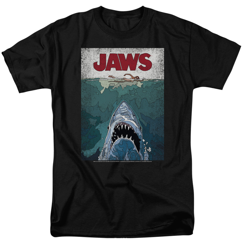 AN OFFCIALLY LICENSED JAWS LINED POSTER MEN'S REGULAR FIT T-SHIRT BLACK
