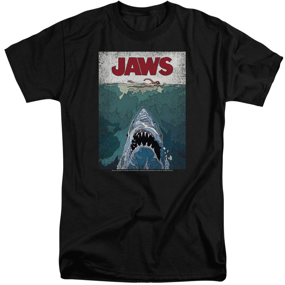 AN OFFCIALLY LICENSED JAWS LINED POSTER MEN'S TALL FIT T-SHIRT BLACK