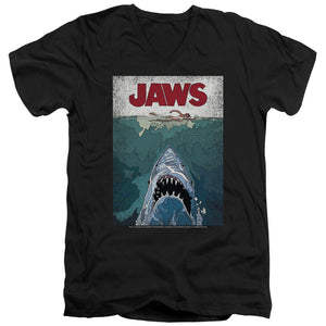 AN OFFCIALLY LICENSED JAWS LINED POSTER MEN'S V-NECK T-SHIRT BLACK