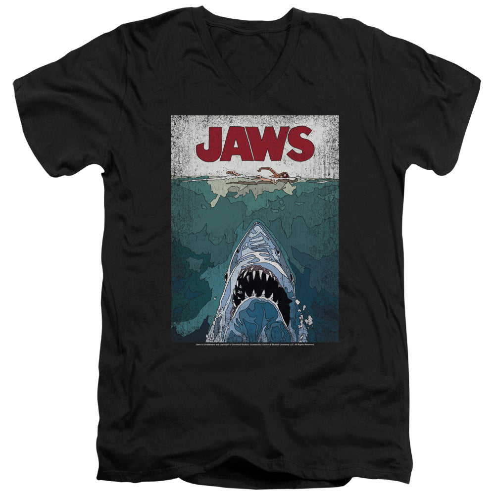 AN OFFCIALLY LICENSED JAWS LINED POSTER MEN'S V-NECK T-SHIRT BLACK