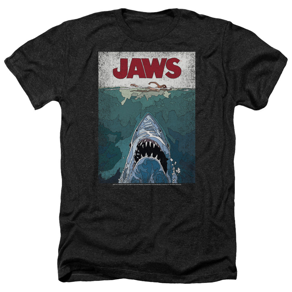 AN OFFCIALLY LICENSED JAWS LINED POSTER MEN'S HEATHER T-SHIRT CHARCOAL