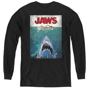 AN OFFCIALLY LICENSED JAWS LINED POSTER YOUTH LONG SLEEVE T-SHIRT BLACK