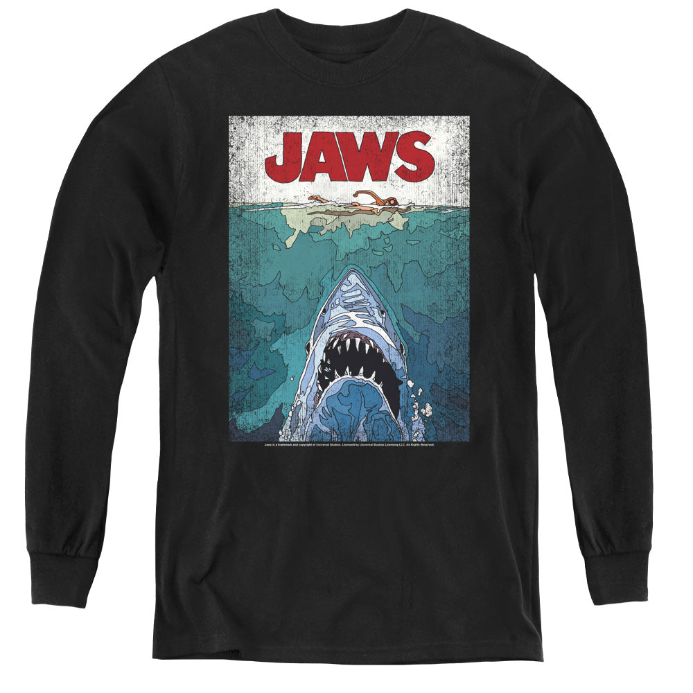 AN OFFCIALLY LICENSED JAWS LINED POSTER YOUTH LONG SLEEVE T-SHIRT BLACK