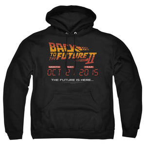 AN OFFCIALLY LICENSED BACK TO THE FUTURE II FUTURE IS HERE ADULT UNISEX PULLOVER HOODIE BLACK