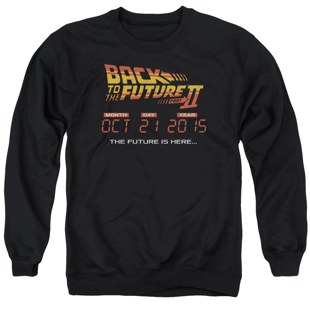 AN OFFCIALLY LICENSED BACK TO THE FUTURE II FUTURE IS HERE ADULT UNISEX CREWNECK SWEATSHIRT BLACK