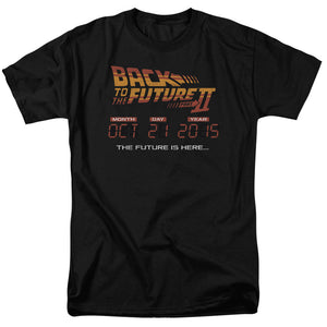 AN OFFCIALLY LICENSED BACK TO THE FUTURE II FUTURE IS HERE MEN'S REGULAR FIT T-SHIRT BLACK