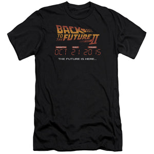 AN OFFCIALLY LICENSED BACK TO THE FUTURE II FUTURE IS HERE MEN'S PREMIUM SLIM FIT T-SHIRT BLACK