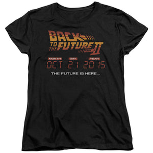 AN OFFCIALLY LICENSED BACK TO THE FUTURE II FUTURE IS HERE WOMEN'S REGULAR FIT T-SHIRT BLACK