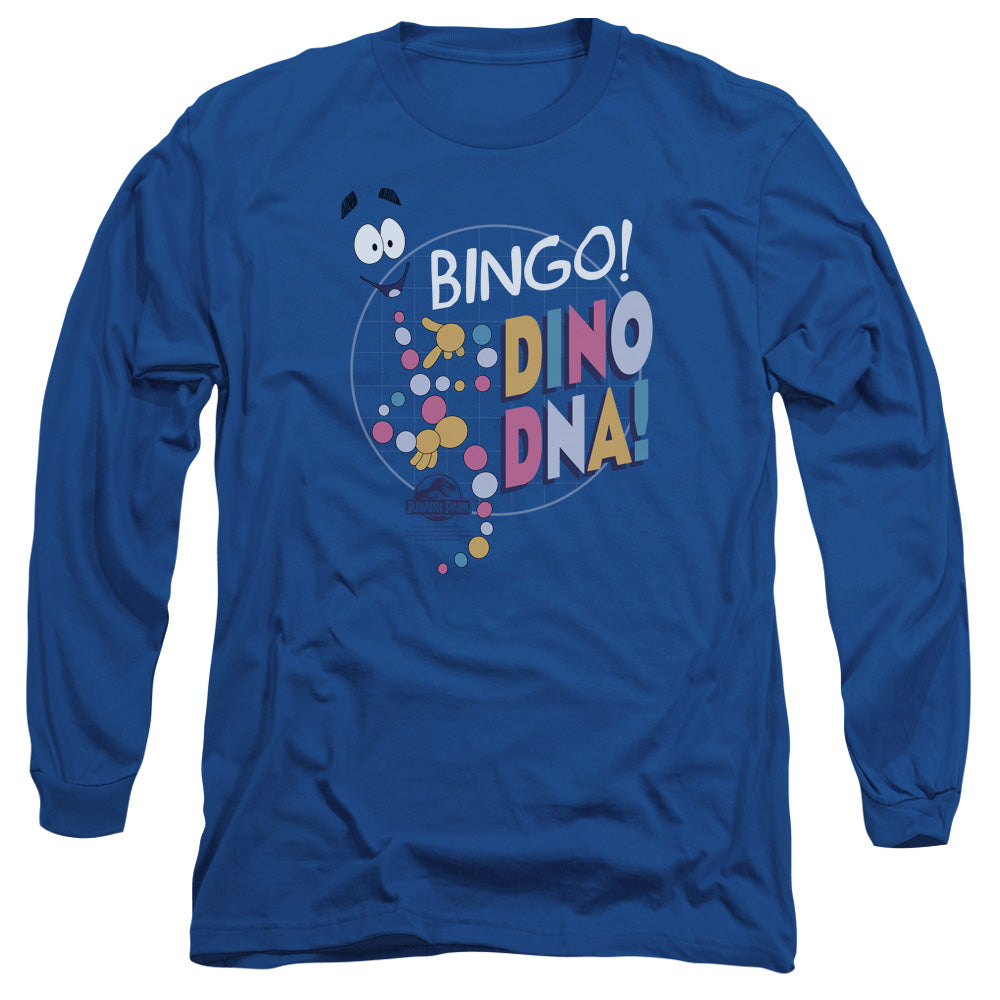 AN OFFCIALLY LICENSED JURASSIC PARK BINGO DINO DNA MEN'S LONG SLEEVE T-SHIRT ROYAL