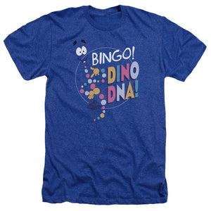 AN OFFCIALLY LICENSED JURASSIC PARK BINGO DINO DNA MEN'S HEATHER T-SHIRT ROYAL