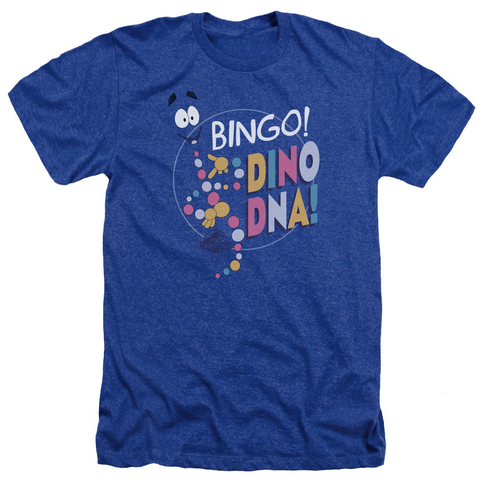 AN OFFCIALLY LICENSED JURASSIC PARK BINGO DINO DNA MEN'S HEATHER T-SHIRT ROYAL