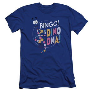 AN OFFCIALLY LICENSED JURASSIC PARK BINGO DINO DNA MEN'S PREMIUM SLIM FIT T-SHIRT ROYAL