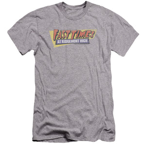 AN OFFCIALLY LICENSED FAST TIMES RIDGEMONT HIGH DISTRESSED LOGO MEN'S PREMIUM SLIM FIT T-SHIRT ATHLETIC HEATHER