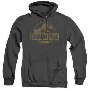 AN OFFCIALLY LICENSED JURASSIC PARK DISTRESSED LOGO ADULT UNISEX HEATHER PULLOVER HOODIE BLACK