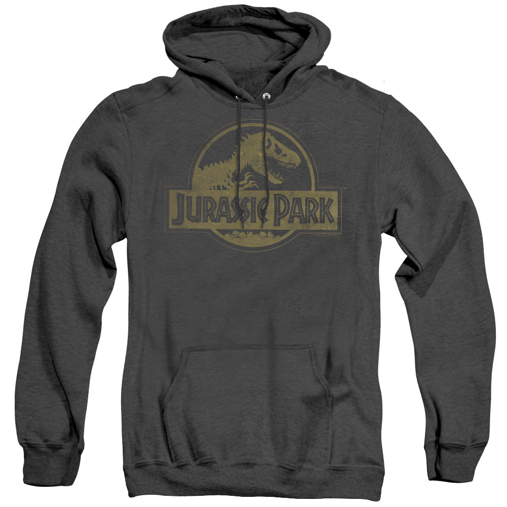 AN OFFCIALLY LICENSED JURASSIC PARK DISTRESSED LOGO ADULT UNISEX HEATHER PULLOVER HOODIE BLACK