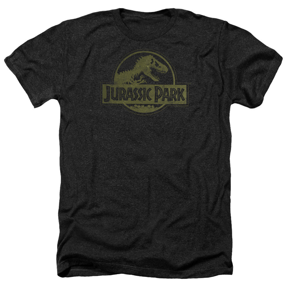 AN OFFCIALLY LICENSED JURASSIC PARK DISTRESSED LOGO MEN'S HEATHER T-SHIRT CHARCOAL