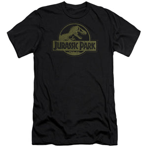AN OFFCIALLY LICENSED JURASSIC PARK DISTRESSED LOGO MEN'S PREMIUM SLIM FIT T-SHIRT BLACK
